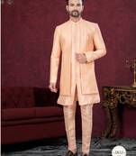 Peach embroidered indo-western sherwani set with thread, stone & fancy button work.