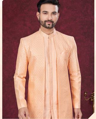 Peach embroidered indo-western sherwani set with thread, stone & fancy button work. 2