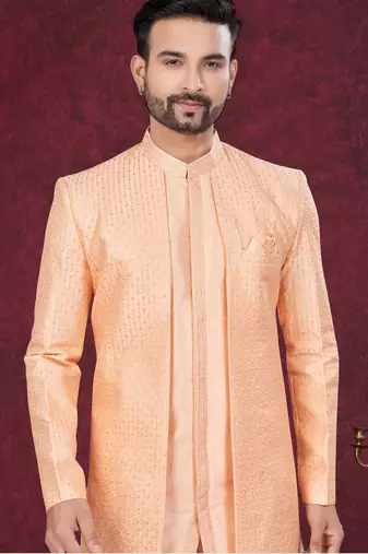 Peach embroidered indo-western sherwani set with thread, stone & fancy button work.
