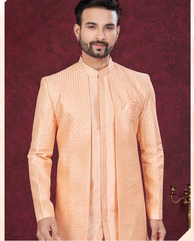 Peach embroidered indo-western sherwani set with thread, stone & fancy button work.