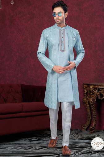 Sky blue embroidered indo-western sherwani set with thread, stone & fancy button work.