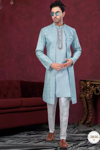 Sky blue embroidered indo-western sherwani set with thread, stone & fancy button work.