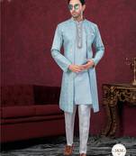 Sky blue embroidered indo-western sherwani set with thread, stone & fancy button work.