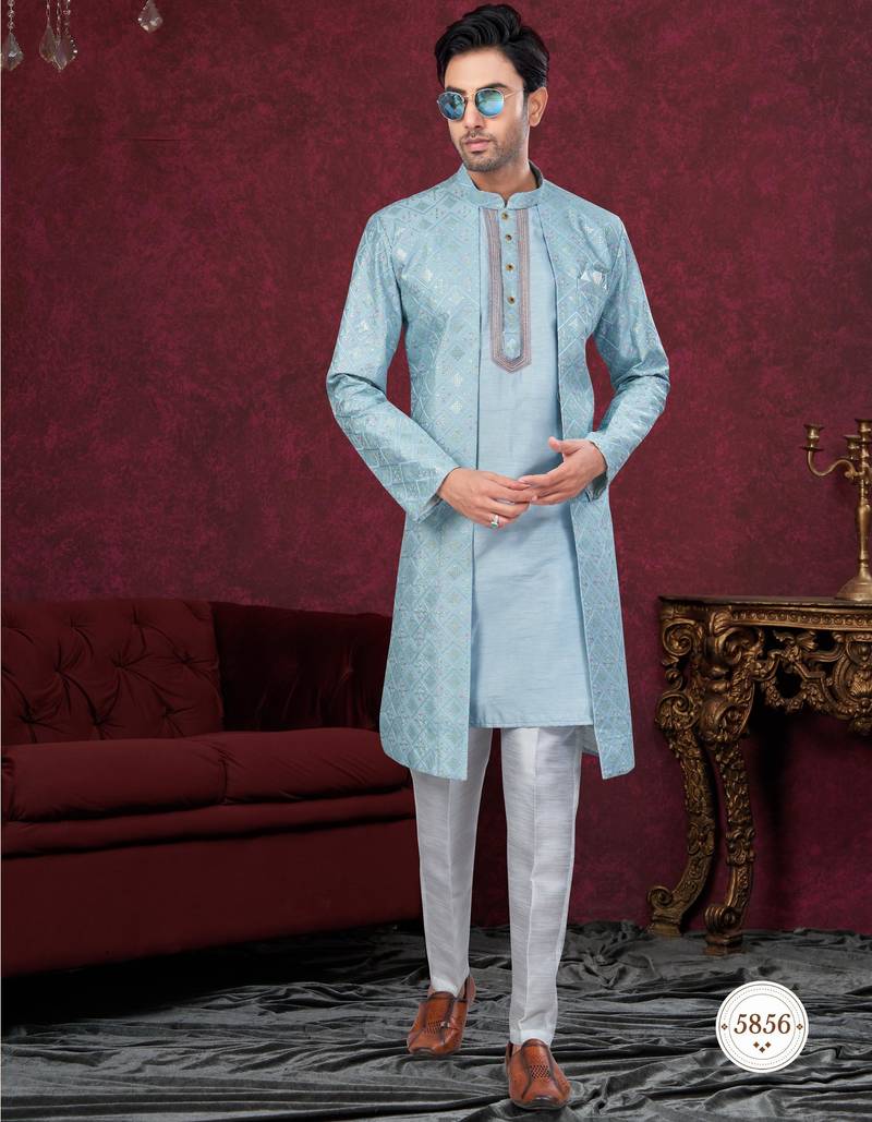 Sky blue embroidered indo-western sherwani set with thread, stone & fancy button work.