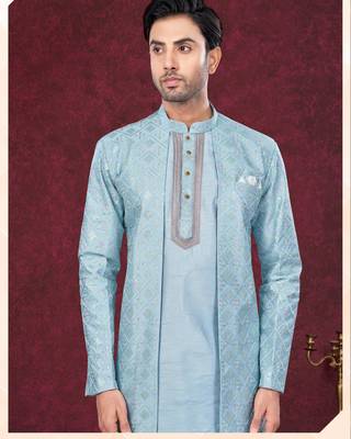 Sky blue embroidered indo-western sherwani set with thread, stone & fancy button work. 2