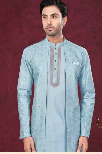 Sky blue embroidered indo-western sherwani set with thread, stone & fancy button work.