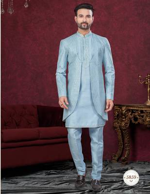 Sky blue embroidered indo-western sherwani set with thread, stone & fancy button work. 1