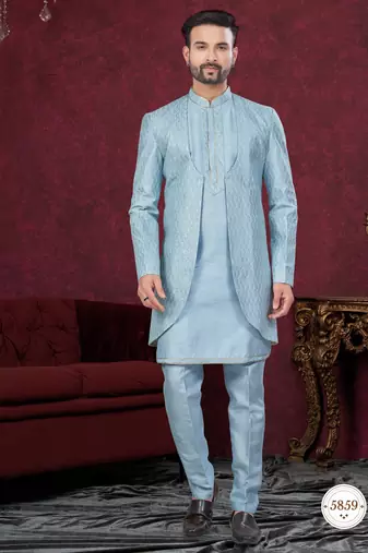 Sky blue embroidered indo-western sherwani set with thread, stone & fancy button work.