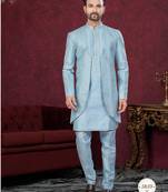 Sky blue embroidered indo-western sherwani set with thread, stone & fancy button work.