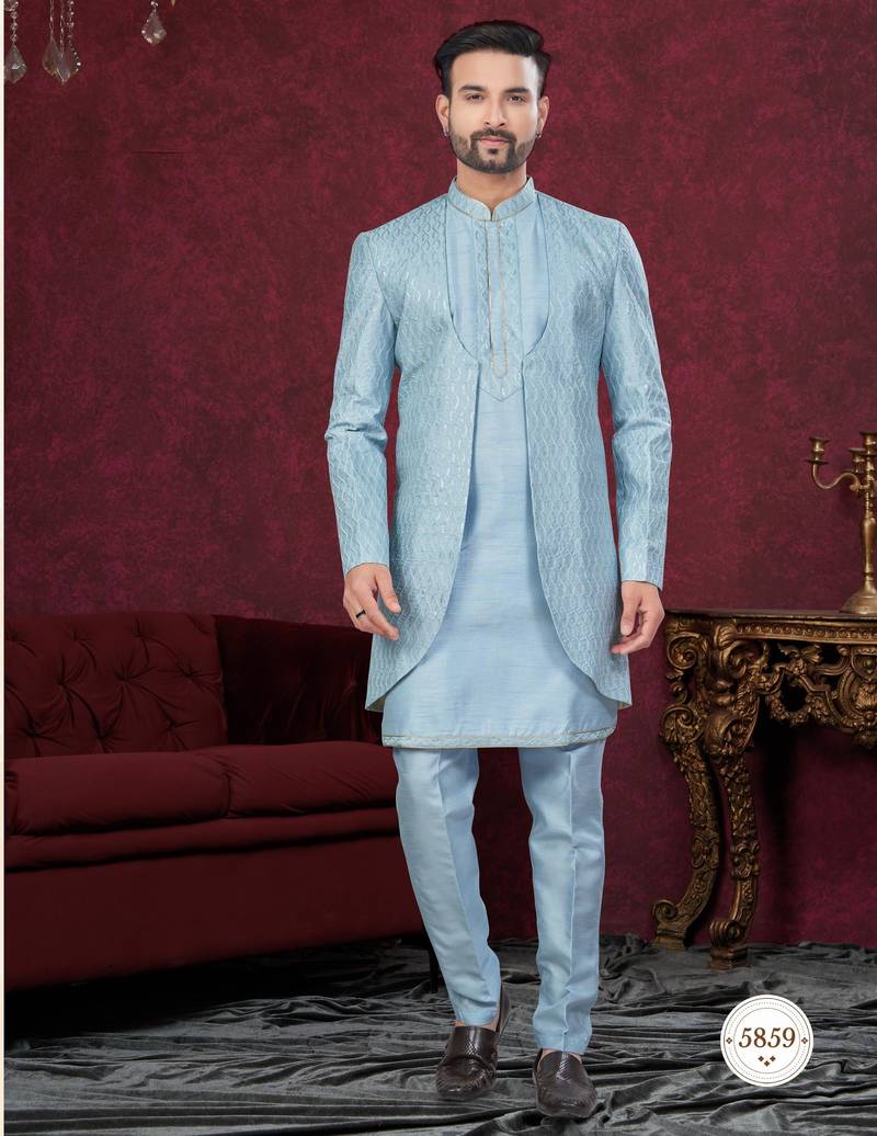Sky blue embroidered indo-western sherwani set with thread, stone & fancy button work.