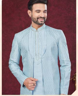 Sky blue embroidered indo-western sherwani set with thread, stone & fancy button work. 2