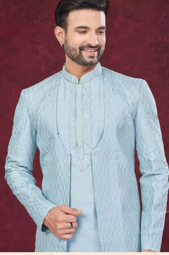 Sky blue embroidered indo-western sherwani set with thread, stone & fancy button work.