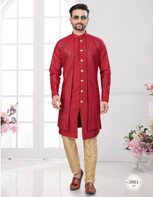 Red embroidered indo-western sherwani set with thread, stone & fancy button work. 1