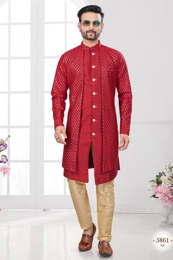 Red embroidered indo-western sherwani set with thread, stone & fancy button work.