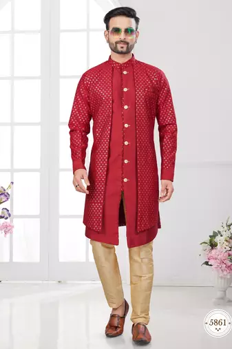 Red embroidered indo-western sherwani set with thread, stone & fancy button work.