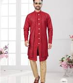 Red embroidered indo-western sherwani set with thread, stone & fancy button work.