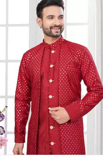 Red embroidered indo-western sherwani set with thread, stone & fancy button work.