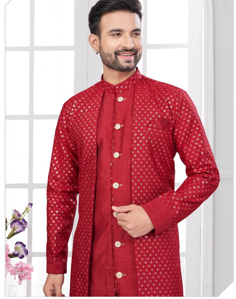 Red embroidered indo-western sherwani set with thread, stone & fancy button work.