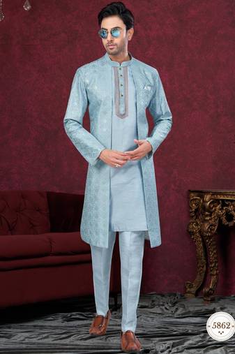 Sky blue embroidered indo-western sherwani set with thread, stone & fancy button work.