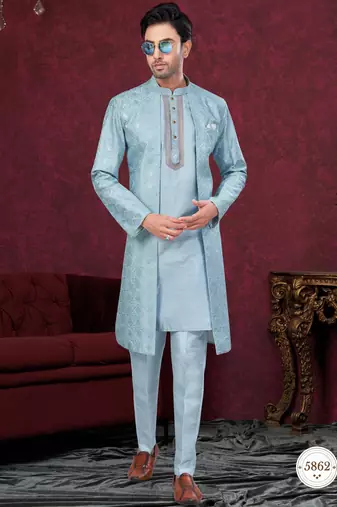 Sky blue embroidered indo-western sherwani set with thread, stone & fancy button work.