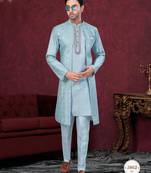 Sky blue embroidered indo-western sherwani set with thread, stone & fancy button work.