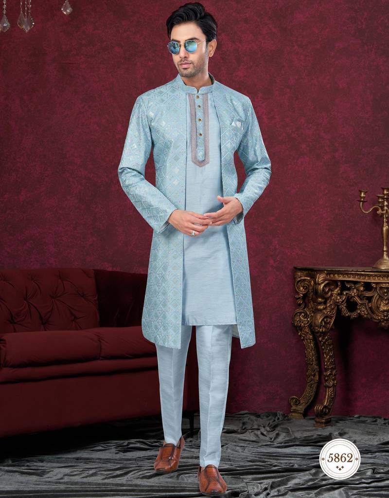 Sky blue embroidered indo-western sherwani set with thread, stone & fancy button work.