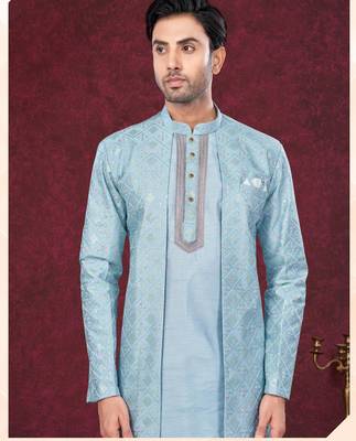 Sky blue embroidered indo-western sherwani set with thread, stone & fancy button work. 2