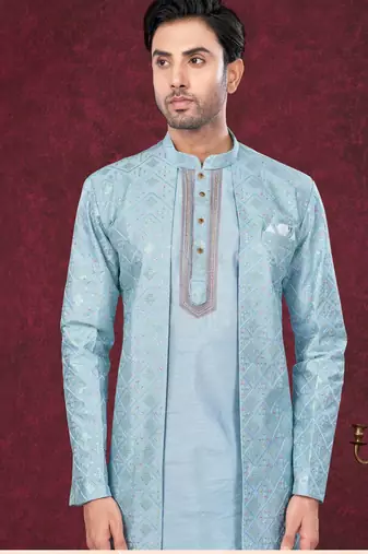 Sky blue embroidered indo-western sherwani set with thread, stone & fancy button work.