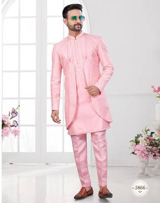 Pink embroidered indo-western sherwani set with thread, stone & fancy button work. 1