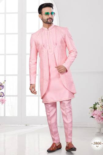 Pink embroidered indo-western sherwani set with thread, stone & fancy button work.