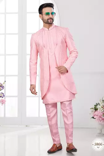 Pink embroidered indo-western sherwani set with thread, stone & fancy button work.