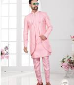 Pink embroidered indo-western sherwani set with thread, stone & fancy button work.