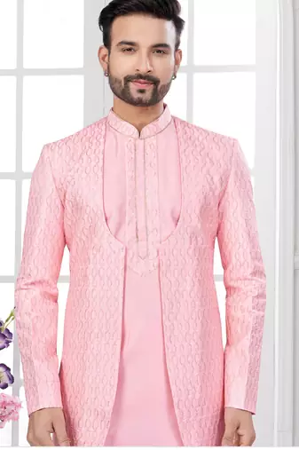 Pink embroidered indo-western sherwani set with thread, stone & fancy button work.