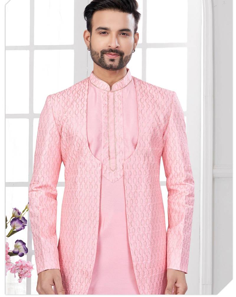 Pink embroidered indo-western sherwani set with thread, stone & fancy button work.