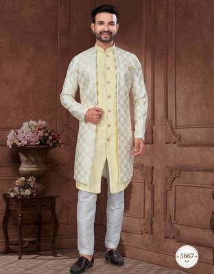 Light yellow & cream embroidered indo-western sherwani set with thread, stone & fancy button work. 1