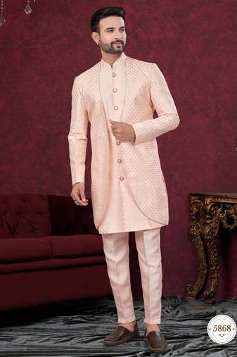 Peach embroidered indo-western sherwani set with thread, stone & fancy button work.