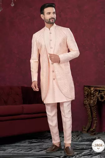 Peach embroidered indo-western sherwani set with thread, stone & fancy button work.