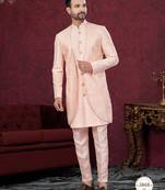Peach embroidered indo-western sherwani set with thread, stone & fancy button work.