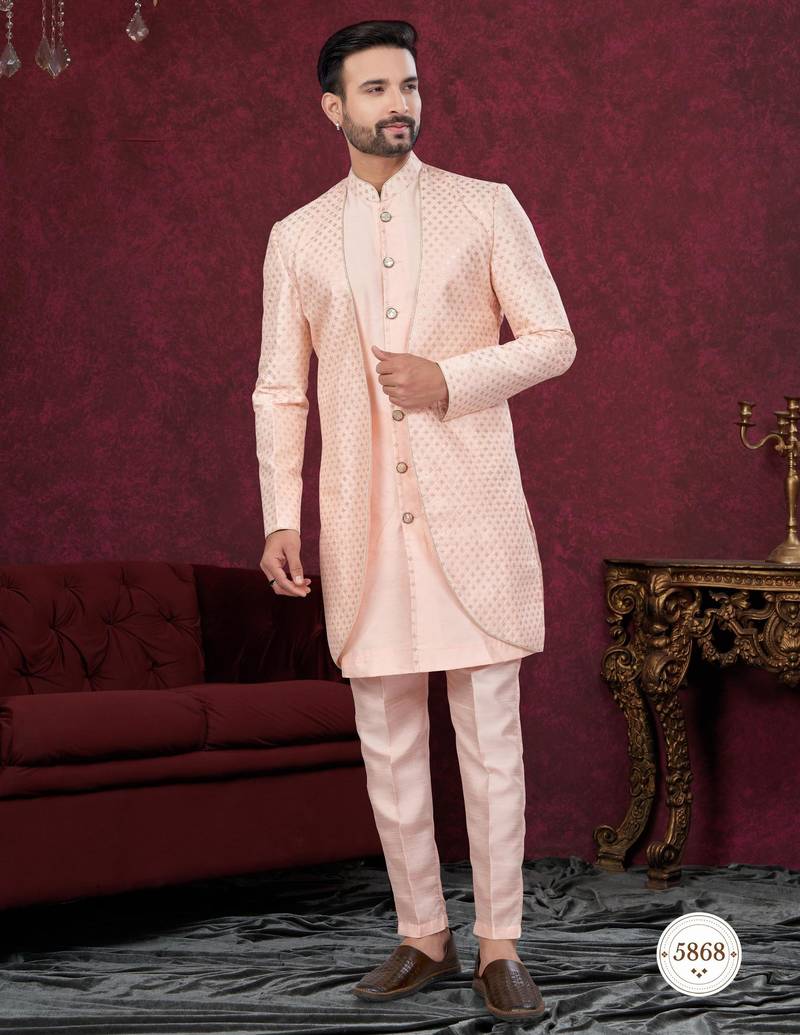 Peach embroidered indo-western sherwani set with thread, stone & fancy button work.