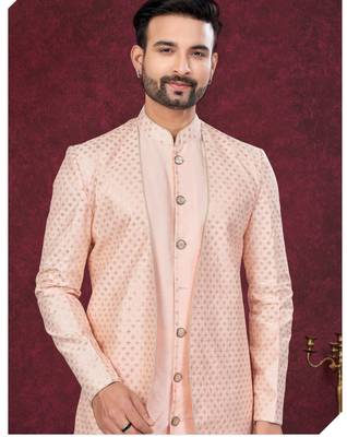 Peach embroidered indo-western sherwani set with thread, stone & fancy button work. 2