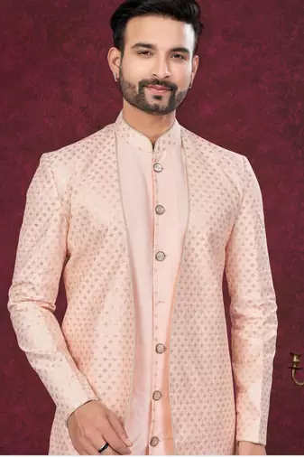 Peach embroidered indo-western sherwani set with thread, stone & fancy button work.