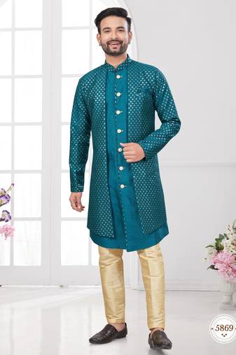 Rama green embroidered indo-western sherwani set with thread, stone & fancy button work.