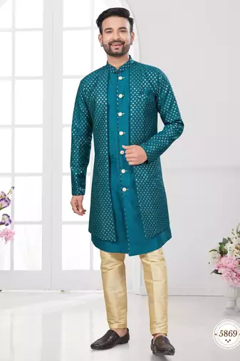 Rama green embroidered indo-western sherwani set with thread, stone & fancy button work.