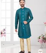 Rama green embroidered indo-western sherwani set with thread, stone & fancy button work.