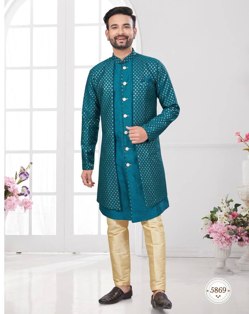 Rama green embroidered indo-western sherwani set with thread, stone & fancy button work.
