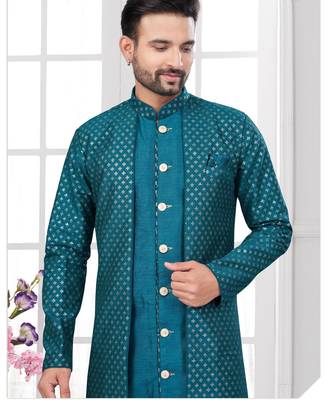 Rama green embroidered indo-western sherwani set with thread, stone & fancy button work. 2