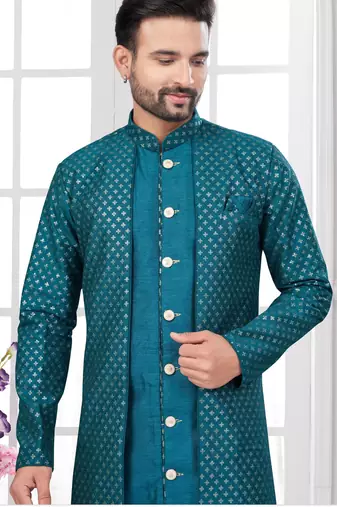 Rama green embroidered indo-western sherwani set with thread, stone & fancy button work.