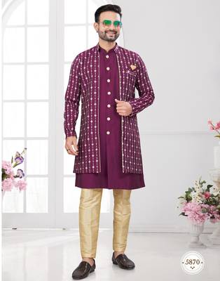 Vine embroidered indo-western sherwani set with thread, stone & fancy button work. 1