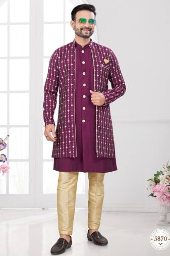 Vine embroidered indo-western sherwani set with thread, stone & fancy button work.
