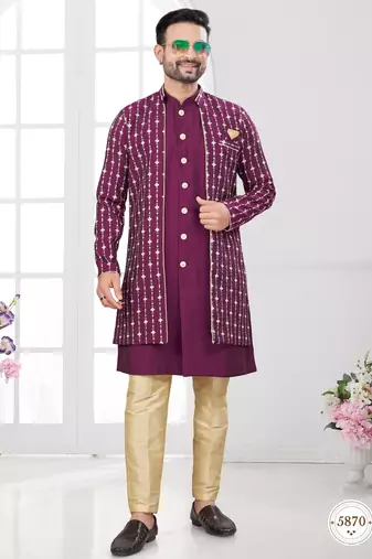Vine embroidered indo-western sherwani set with thread, stone & fancy button work.